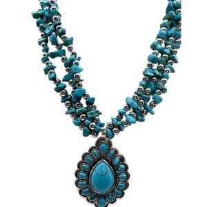 NEW Faux Turquoise Beads Silver Accents Teardrop Pendant Statement Necklace